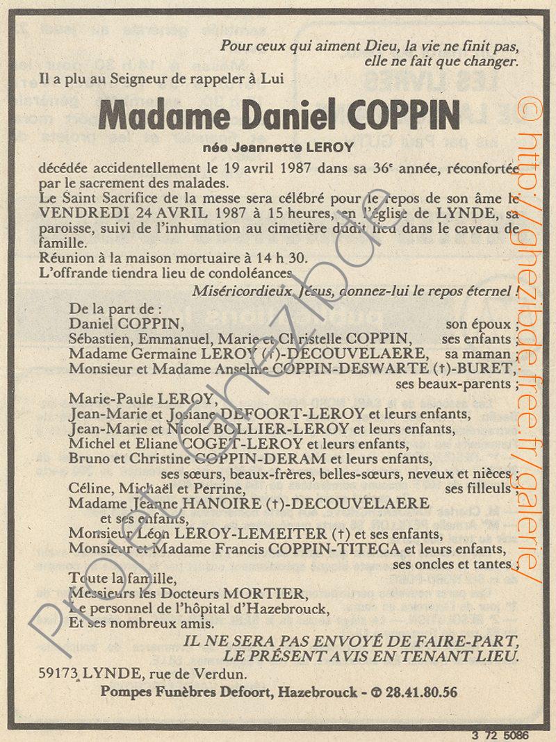 Jeannette LEROY épouse de Daniel COPPIN, décédée Lynde, le 19 Avril 1987 (35 ans).